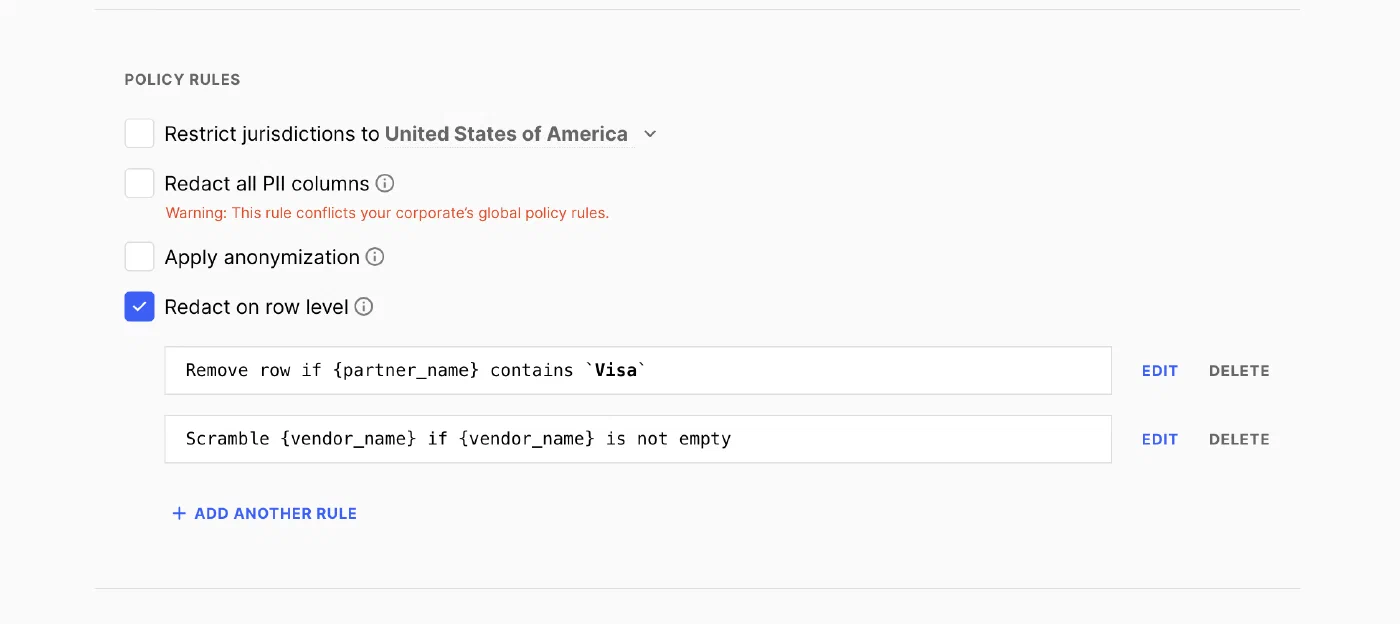 An example screenshot which represents a small area of a user interface. In this instance, when a user enables the redact on row level option, single row level redactions can be added to a policy.