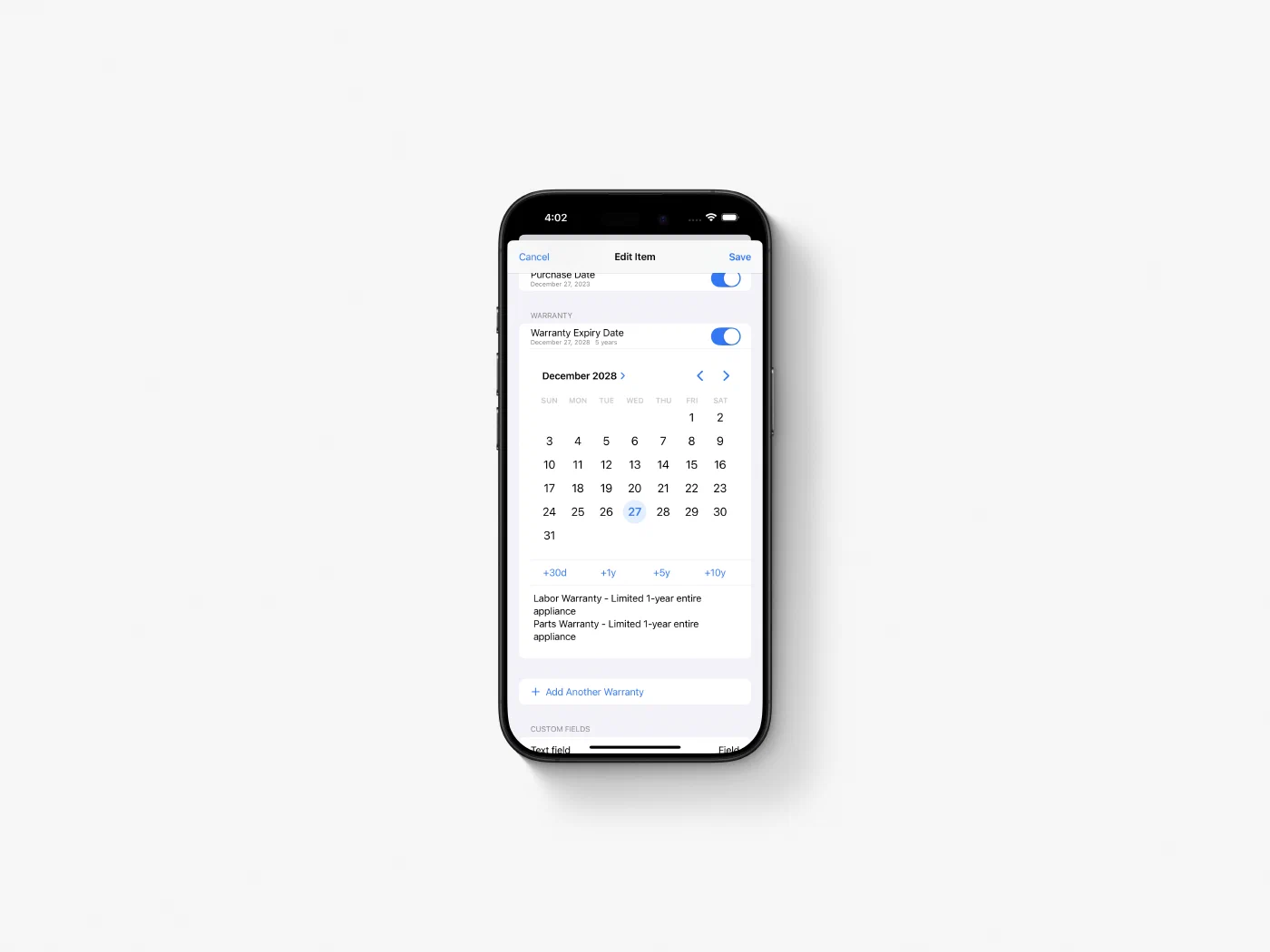 Warranties’ calendar and expiration reminders on iPhone.