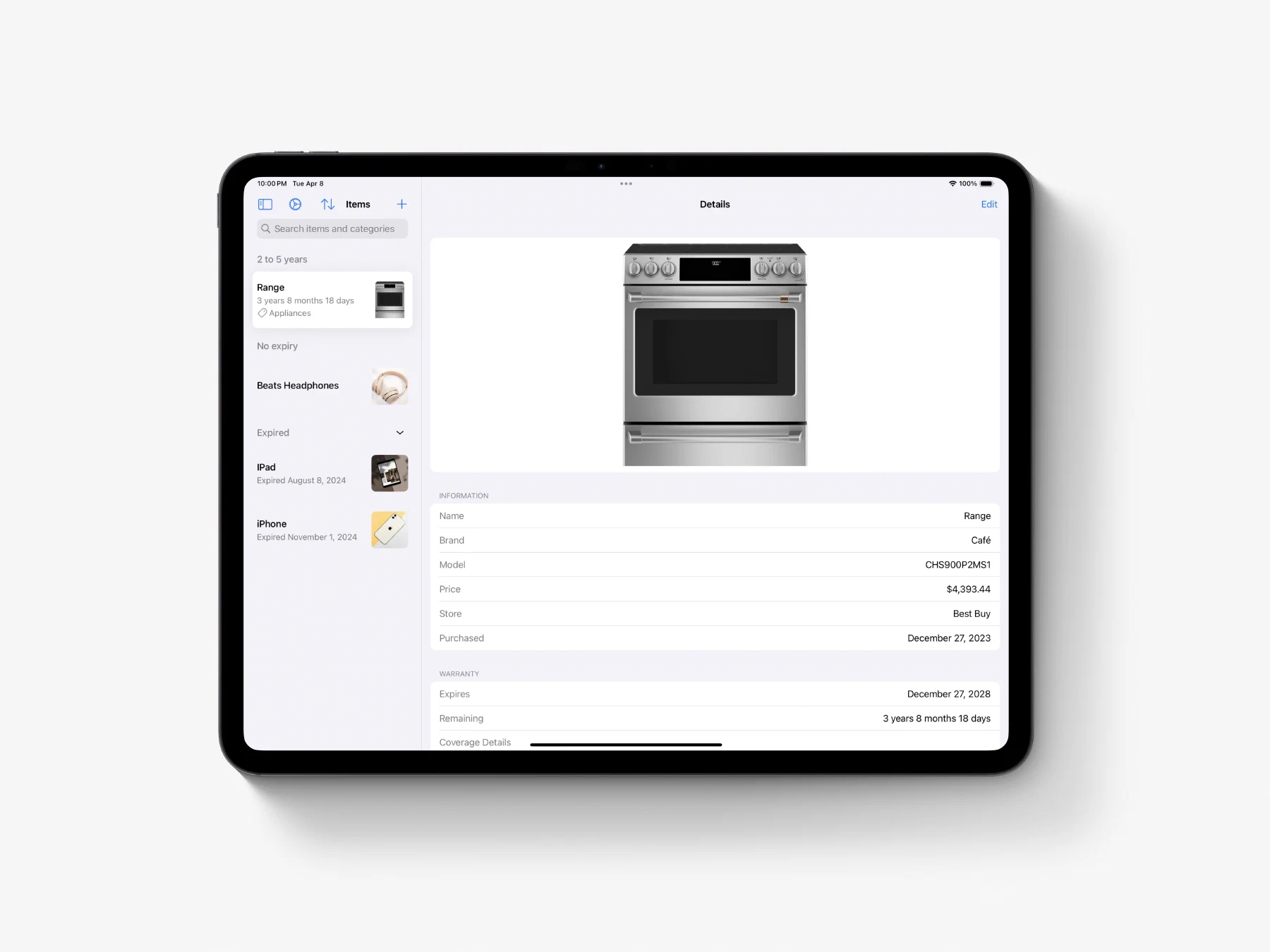 Warranties on iPad, displaying a list of household products and a stove’s warranty details.